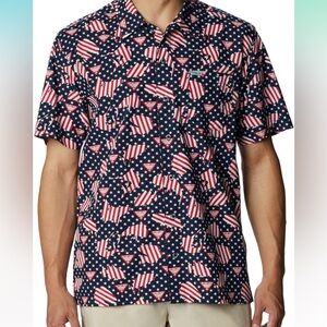 NEW Columbia Trollers Best Short Sleeve PFG Fishing Shirt Red White Blue Medium